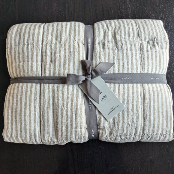 WEST ELM | NEW | European Linen Classic Stripe King/Cal. King Quilt, Cedar Strip - Picture 2 of 5